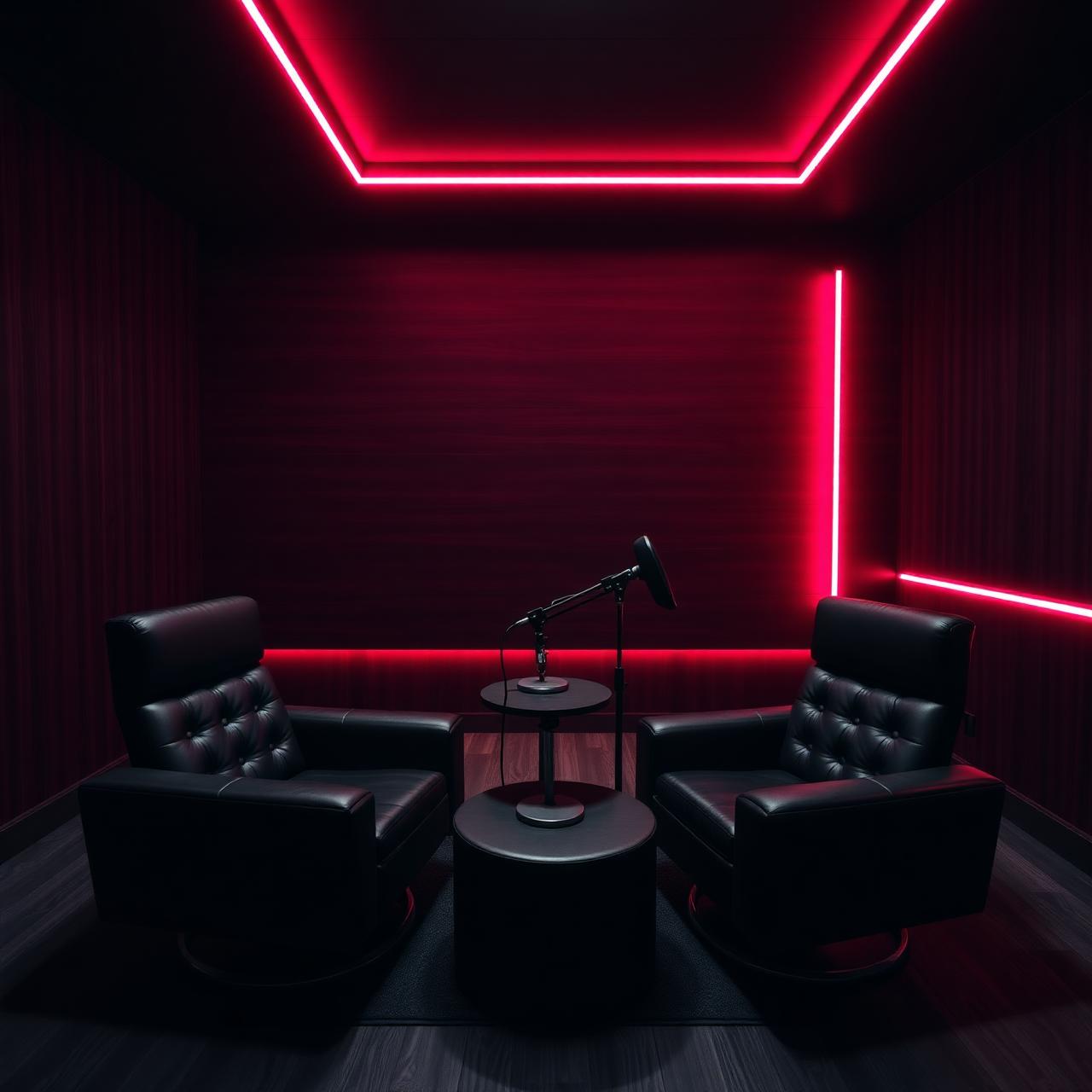 Luxury podcast set with neon pink ambient lighting