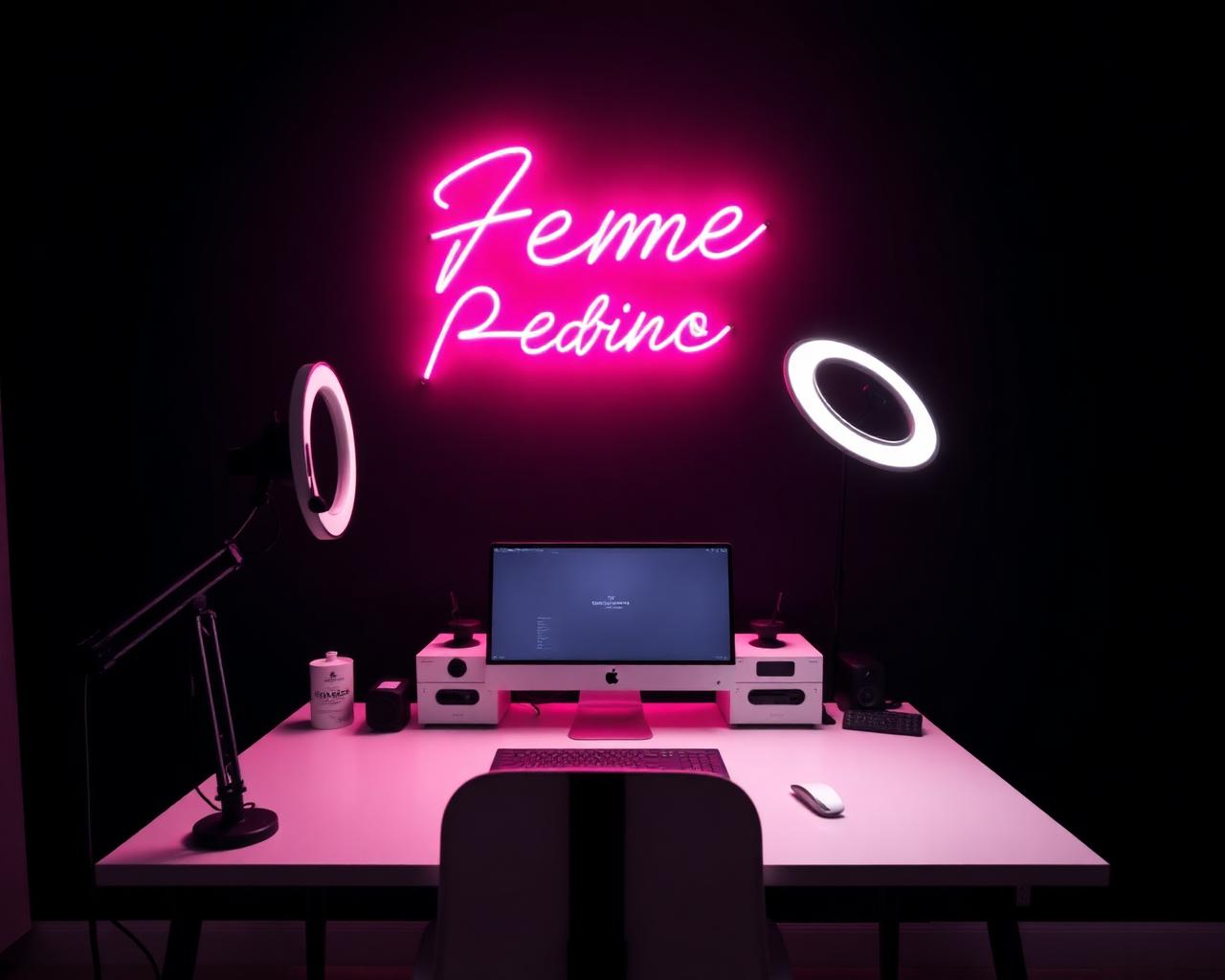 Modern content creation desk with neon sign